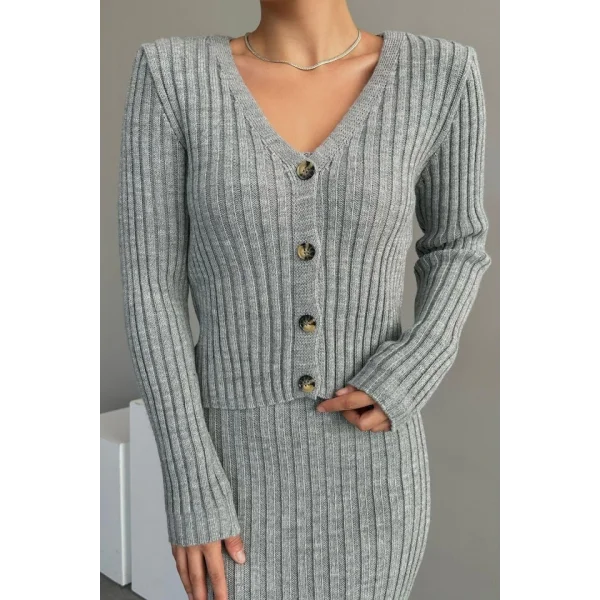 Cepli Düğmeli Üçlü Takım  Açık Gri