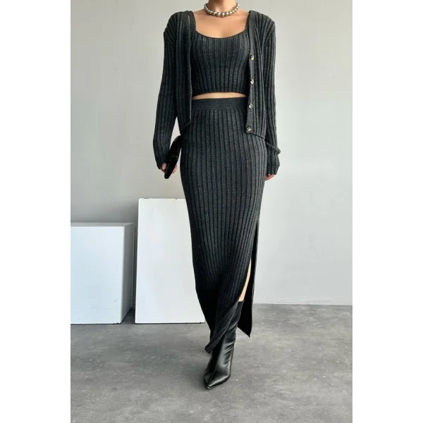 Cepli Düğmeli Üçlü Takım  Koyu Antrasit