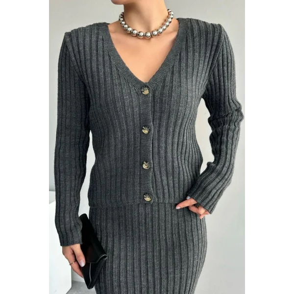 Cepli Düğmeli Üçlü Takım  Koyu Antrasit