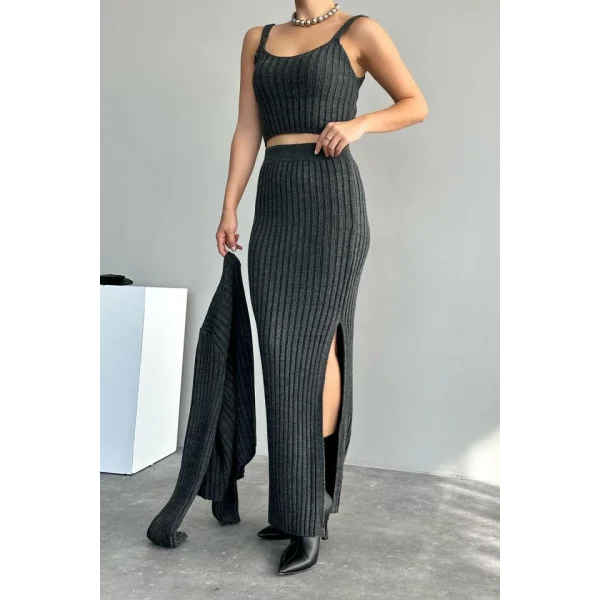 Cepli Düğmeli Üçlü Takım  Koyu Antrasit