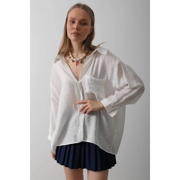 Cepli Oversize Gömlek - Beyaz