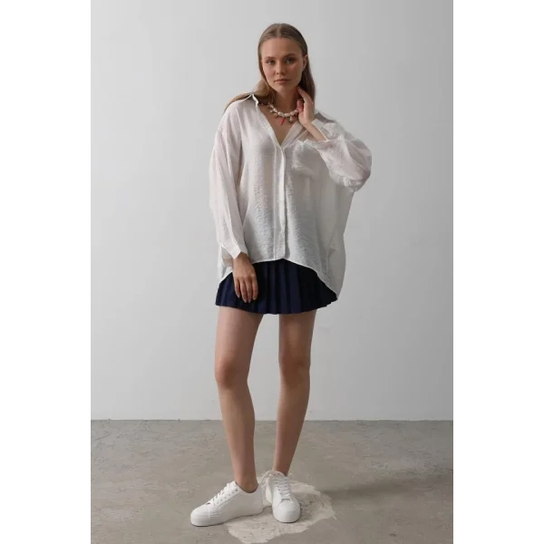Cepli Oversize Gömlek - Beyaz