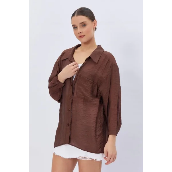 Cepli Oversize Gömlek - Kahve