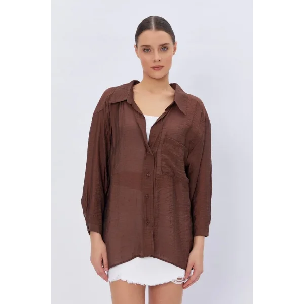 Cepli Oversize Gömlek - Kahve