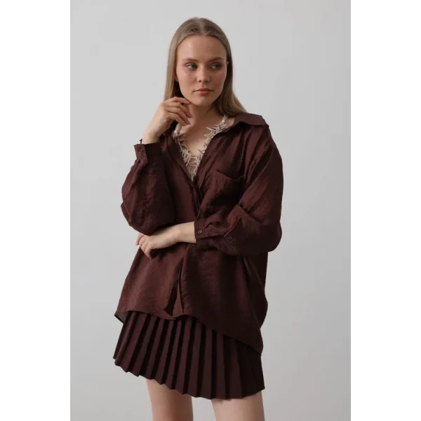 Cepli Oversize Gömlek - Kahve