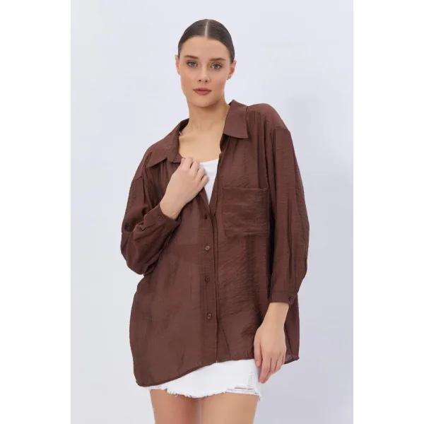 Cepli Oversize Gömlek - Kahve