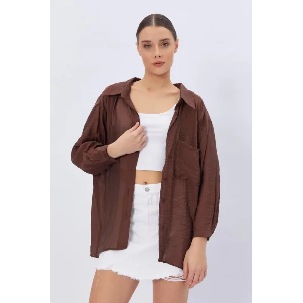 Cepli Oversize Gömlek - Kahve