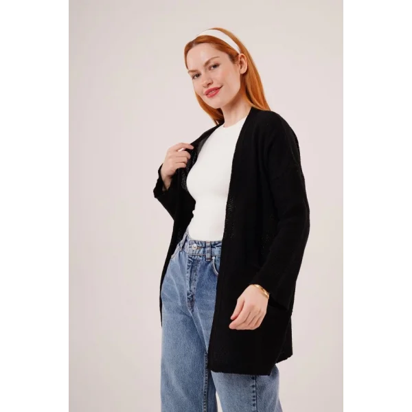 Cepli Salaş Model Triko Uzun Siyah Hırka