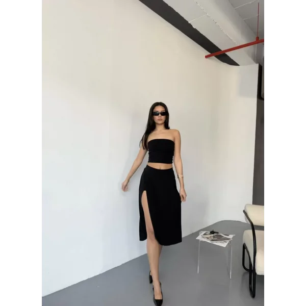 Cepli Şortlu Yırtmaçlı Etek - Siyah