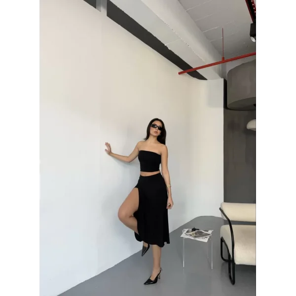 Cepli Şortlu Yırtmaçlı Etek - Siyah