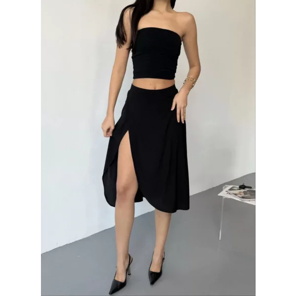 Cepli Şortlu Yırtmaçlı Etek - Siyah