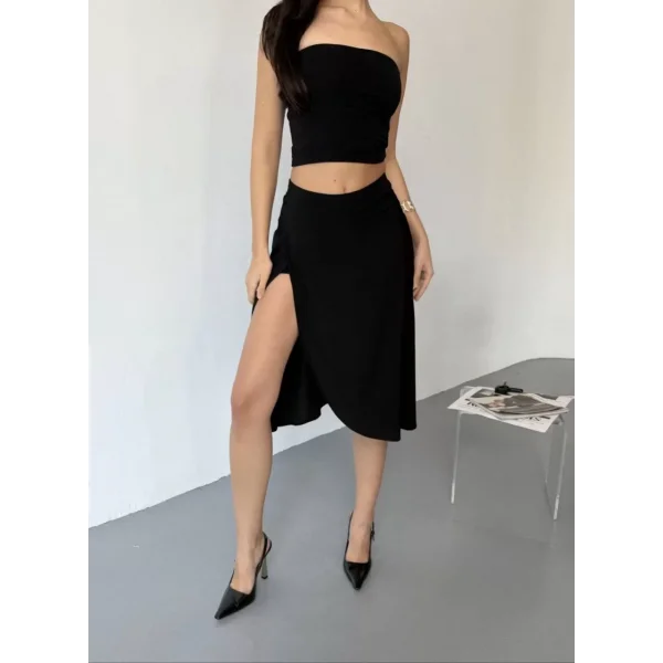 Cepli Şortlu Yırtmaçlı Etek - Siyah