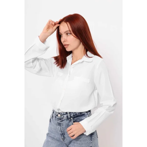 Cepli Uzun Kol Gömlek - Beyaz