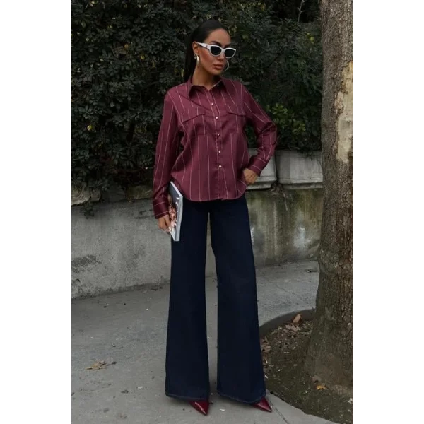 Chanel Saten Premium Çizgili Gömlek 3411