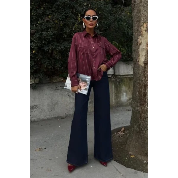 Chanel Saten Premium Çizgili Gömlek 3411