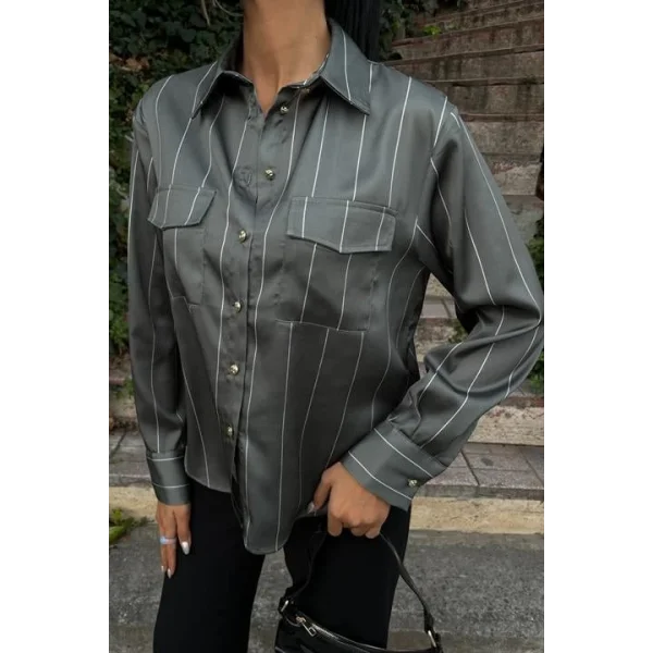 Chanel Saten Premium Çizgili Gömlek 3411