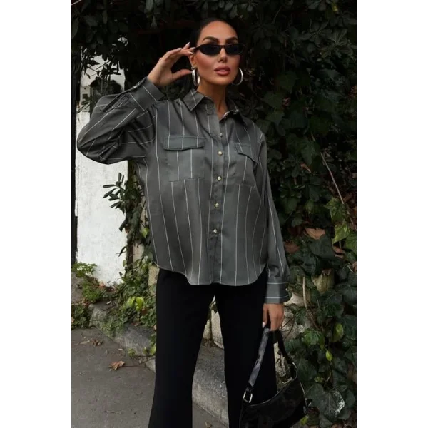 Chanel Saten Premium Çizgili Gömlek 3411