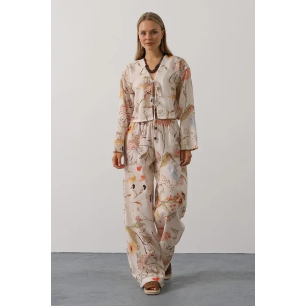 Çiçek Desen Önü Bağlamalı Pantolon Takım - Taş