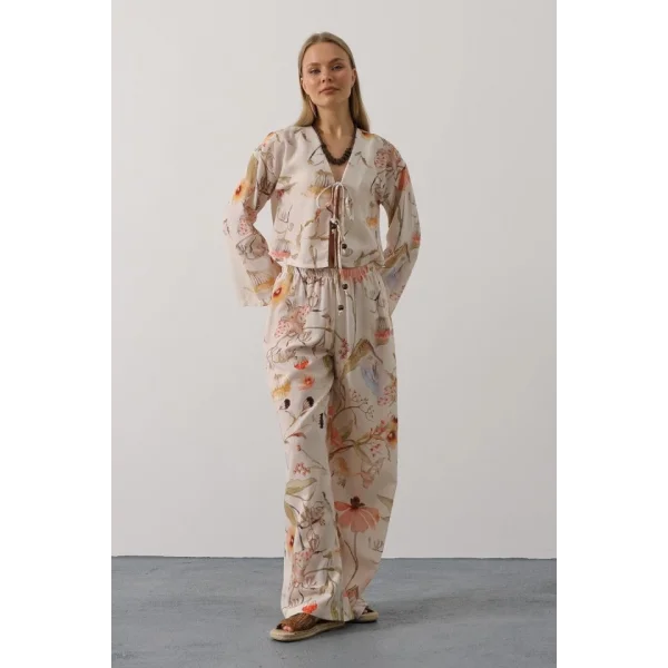 Çiçek Desen Önü Bağlamalı Pantolon Takım - Taş