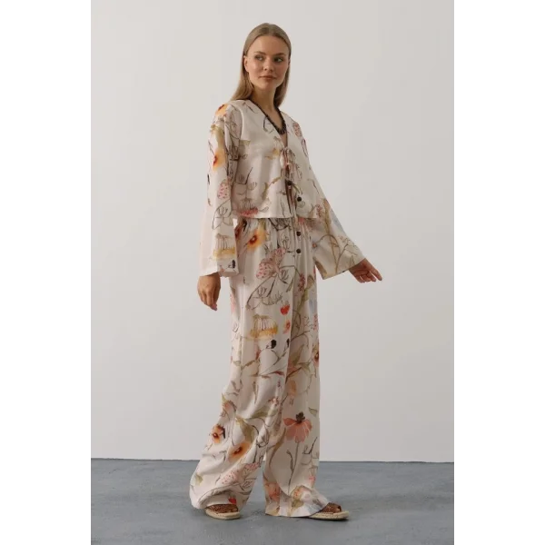 Çiçek Desen Önü Bağlamalı Pantolon Takım - Taş