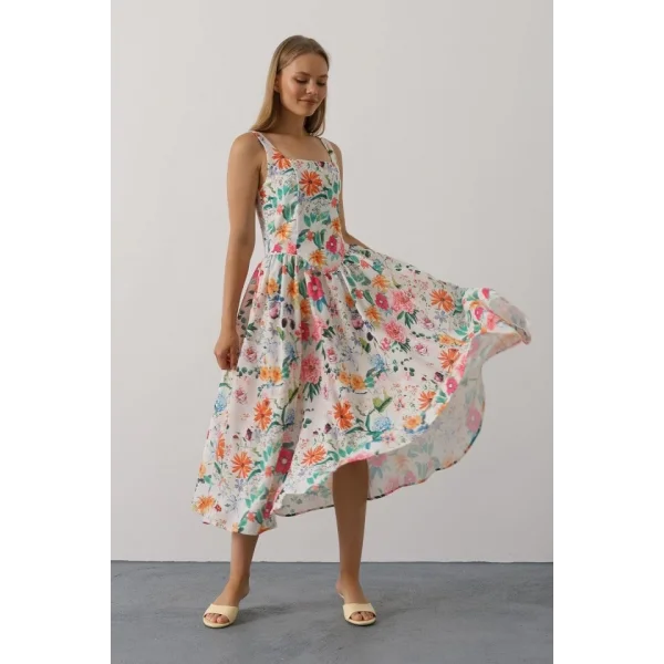 Çiçek Desenli Askılı Elbise - Pembe Çiçek