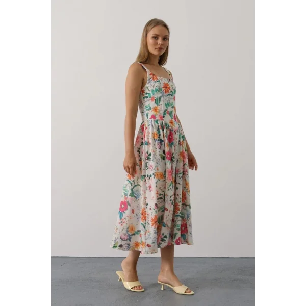 Çiçek Desenli Askılı Elbise - Pembe Çiçek