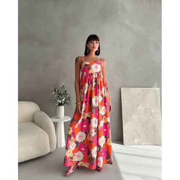 Çiceklı Askılı Maxı Boy Kadın Elbise