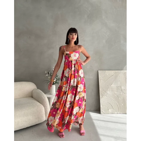 Çiceklı Askılı Maxı Boy Kadın Elbise