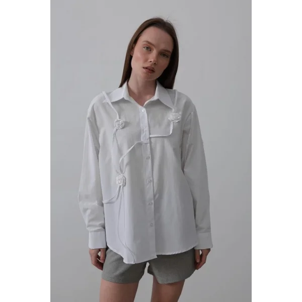 Çiçekli Oversize Gömlek  Beyaz