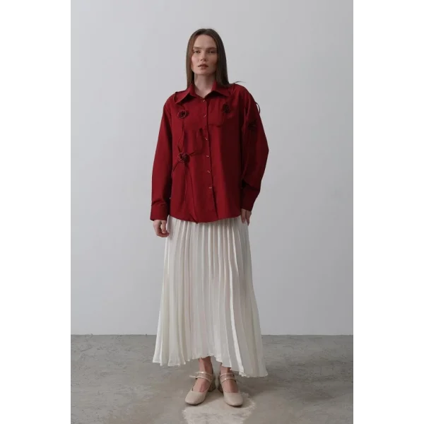 Çiçekli Oversize Gömlek  Bordo