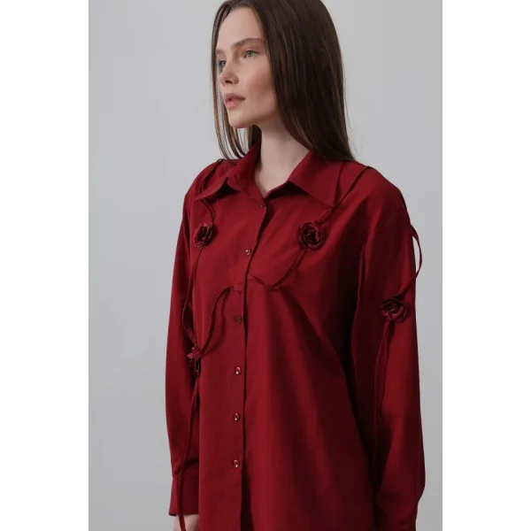 Çiçekli Oversize Gömlek  Bordo