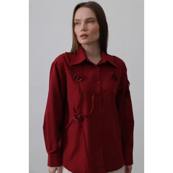 Çiçekli Oversize Gömlek  Bordo