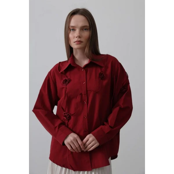 Çiçekli Oversize Gömlek  Bordo