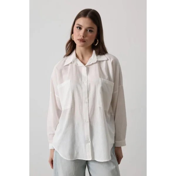 Çift Cepli Uzun Kol Gömlek  Beyaz