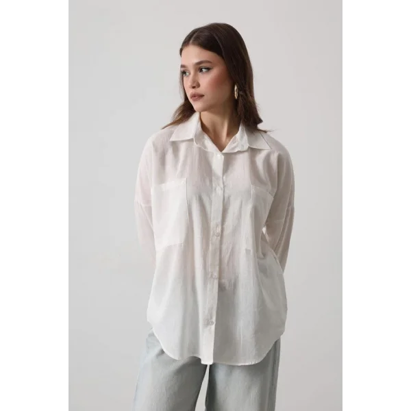 Çift Cepli Uzun Kol Gömlek  Beyaz