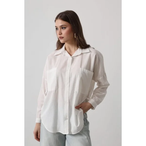 Çift Cepli Uzun Kol Gömlek  Beyaz