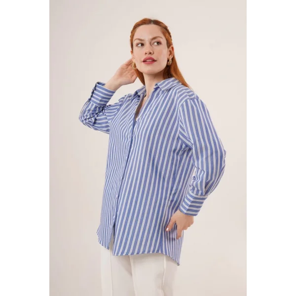 Çift Çizgi Geçişli Düğmeli avi Gömlek