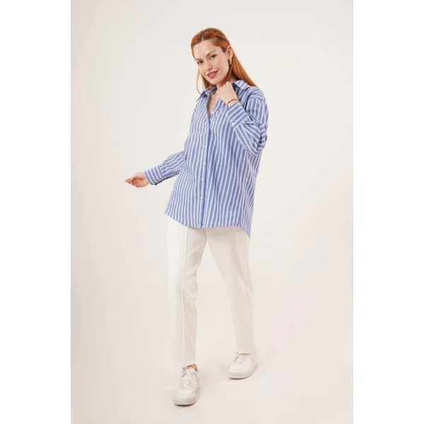 Çift Çizgi Geçişli Düğmeli avi Gömlek