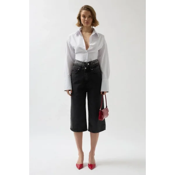 Çift Kemerli Bermuda Denim Şort