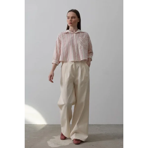 Çift Pileli Palazzo Pantolon - Natür