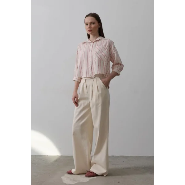 Çift Pileli Palazzo Pantolon - Natür