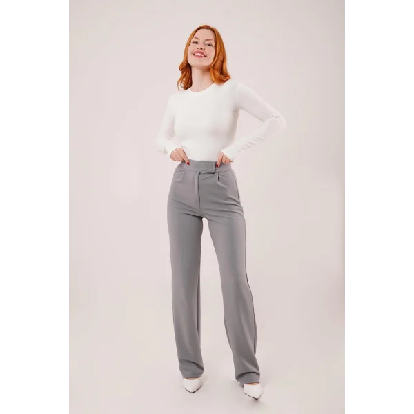 Cırt Kapama Detaylı Gri Pantolon