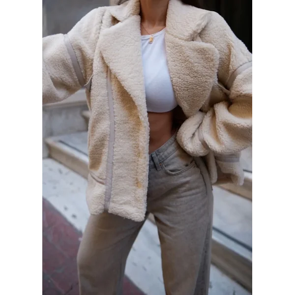 Cıt Cıt Detaylı Peluş Mont Ceket - Beyaz