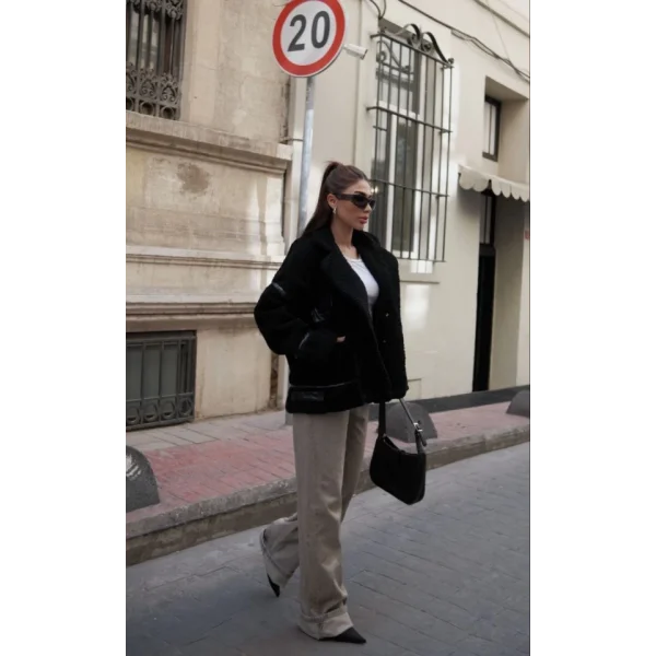 Cıt Cıt Detaylı Peluş ont Ceket  iyah