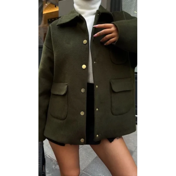 çıt çıt Kapama Kaşe Kaşmir Kumaş Cep Ve Düğme Detay Oversize Bleazer Bol Kesim Kalın Pinterest Ceket ont  Haki