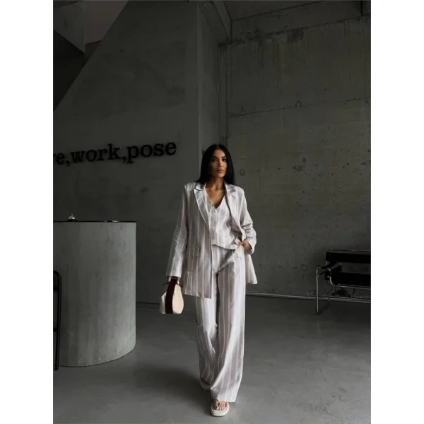 ÇİZGİİ CEKET KETEN  Bej