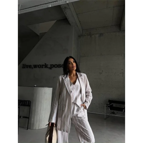 ÇİZGİİ CEKET KETEN  Bej