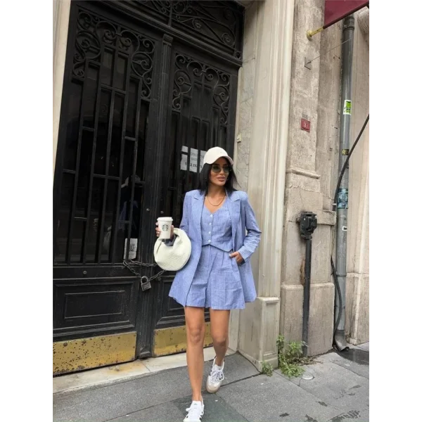 ÇİZGİİ KETEN CEKET YEEK ŞORT TK  avi