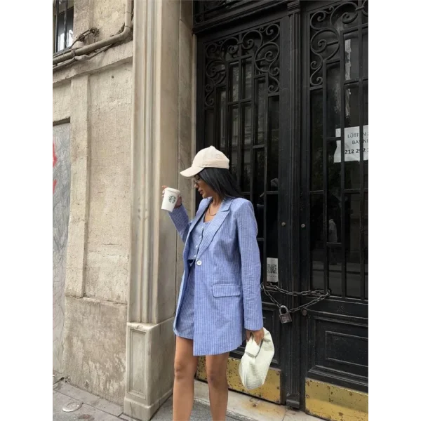 ÇİZGİİ KETEN CEKET YEEK ŞORT TK  avi