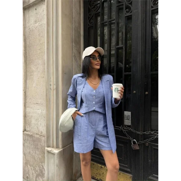 ÇİZGİİ KETEN CEKET YEEK ŞORT TK  avi